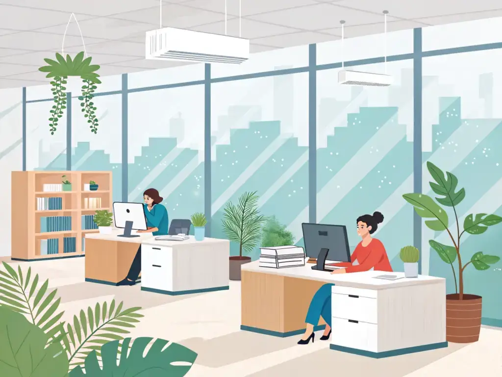 Animated picture of two women working in a nice clean office
